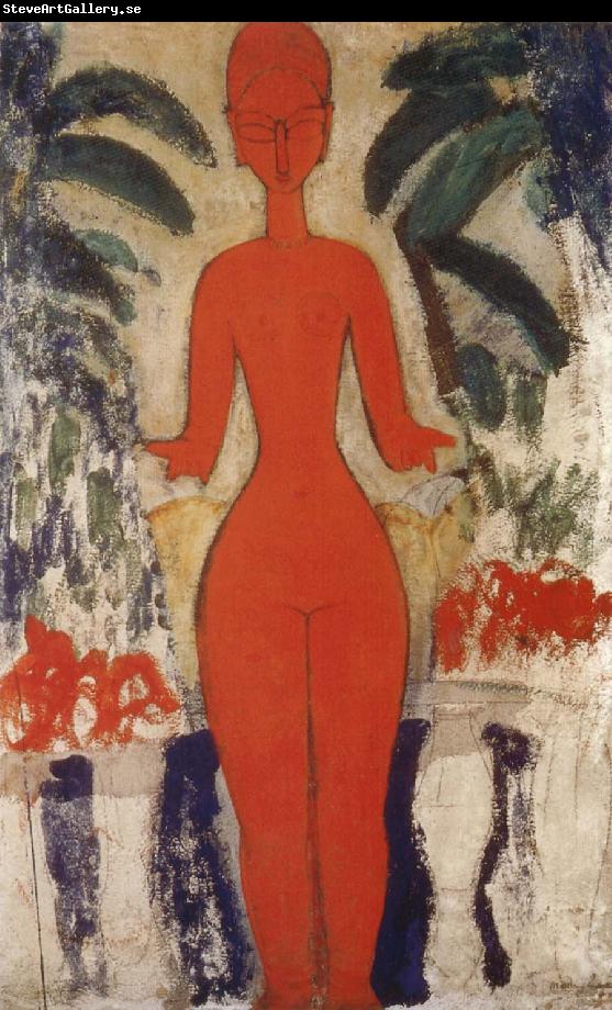 Amedeo Modigliani Standing nud with Garden Background